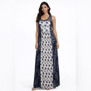 Sundance‎ Blue Floral Maxi Dress Mesh Yoke Boho Romantic